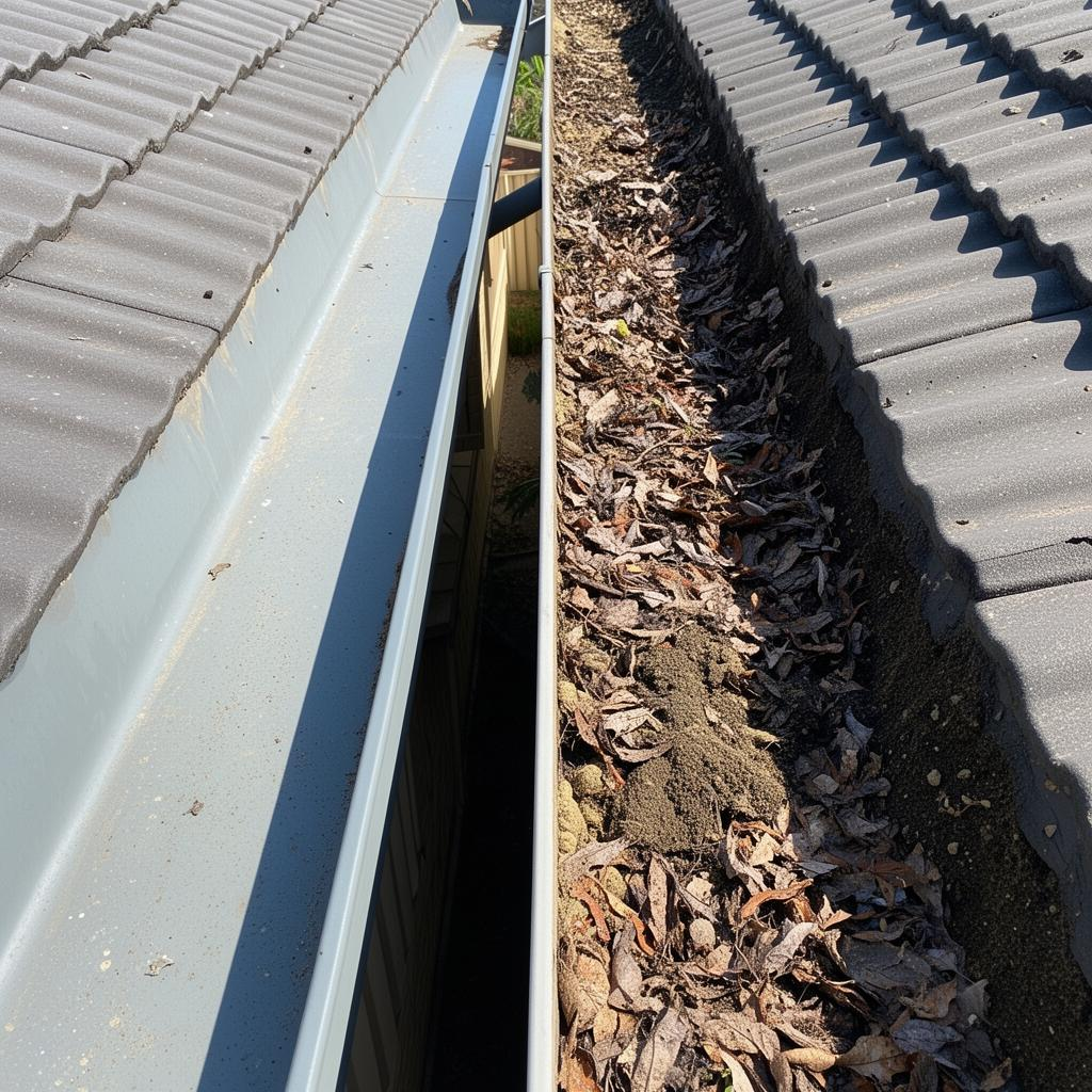 Blocked Sydney gutter overflowing with wet leaves and silt during heavy rain, water spilling down a brick wall and staining the fascia of a suburban home