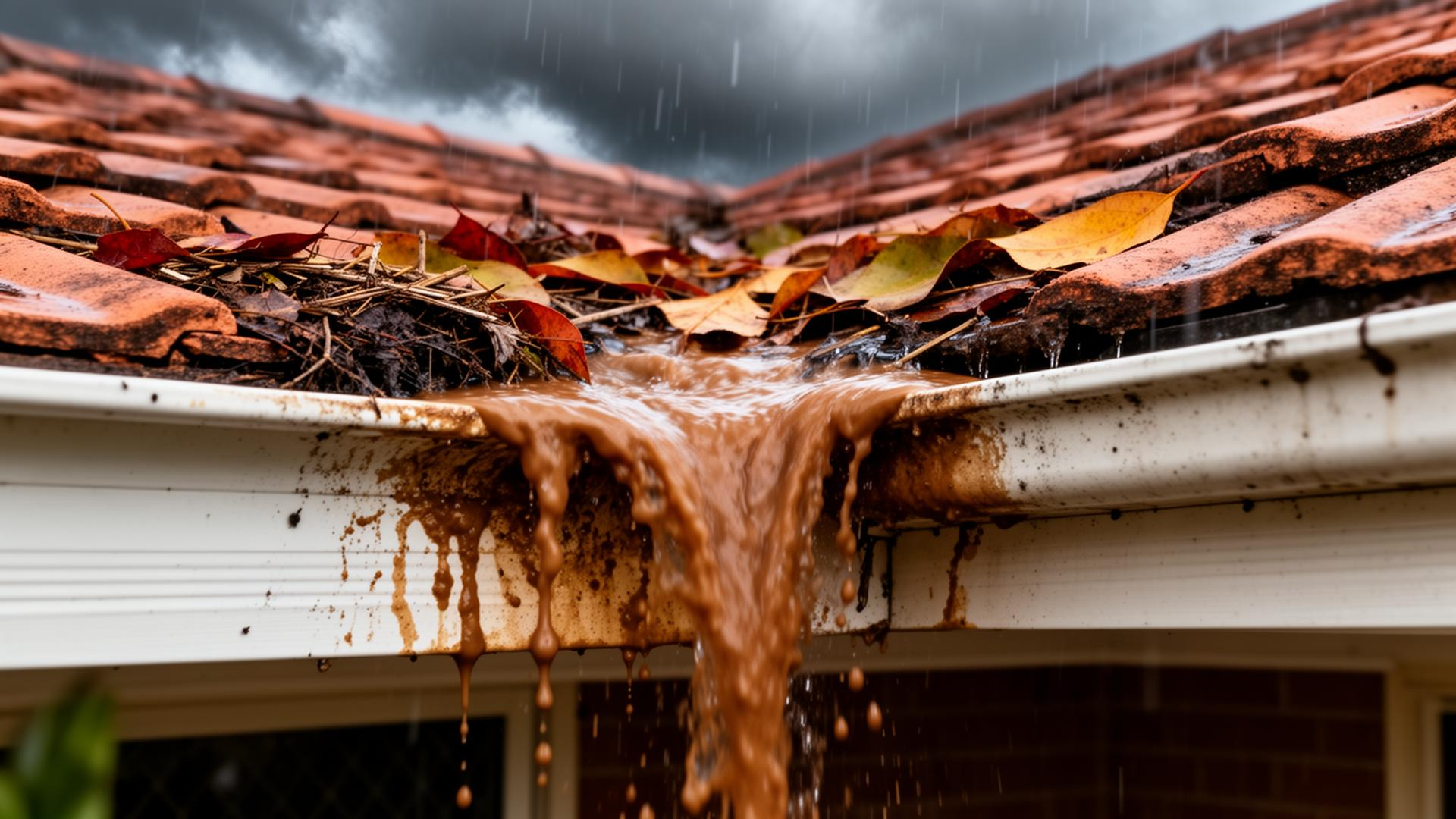 Blocked gutter overflowing with muddy water and autumn leaves during heavy rain on a Sydney home