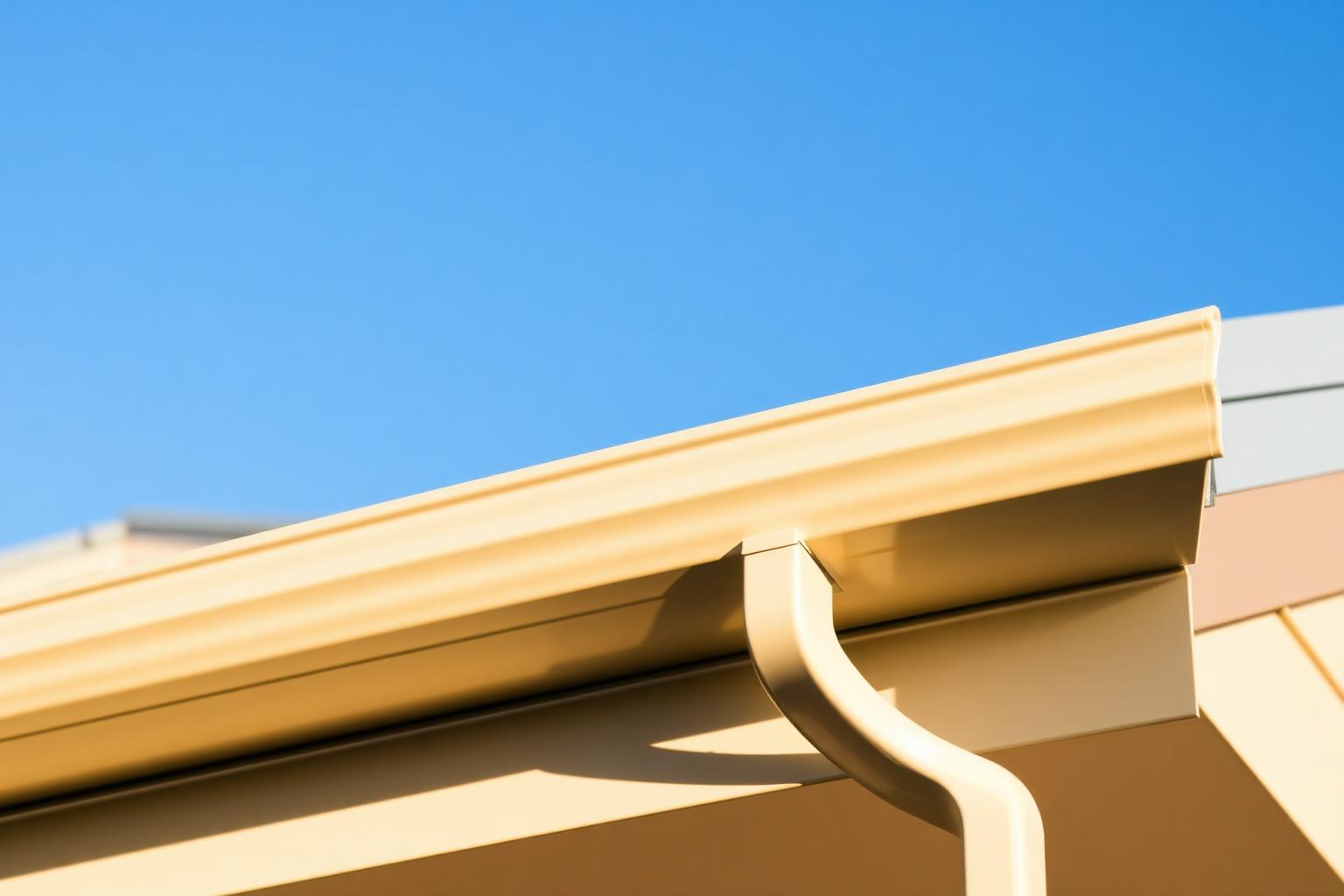 Close-up of a Classic Cream Colorbond gutter and downpipe against a clear blue Australian sky, showing the smooth steel profile and fascia line of a modern home