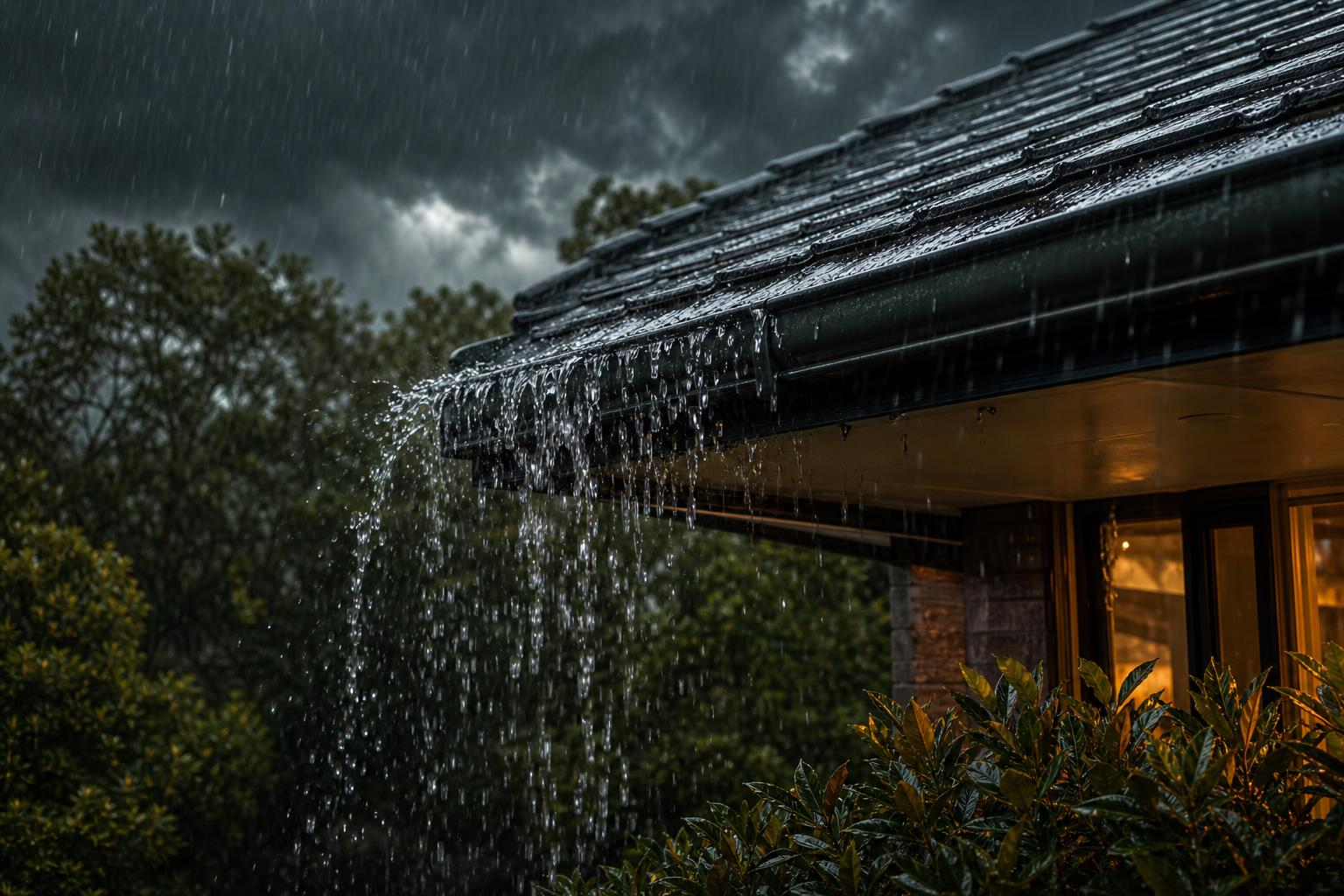 Heavy rain from a Sydney east coast low storm overflowing a Colorbond gutter on a tiled suburban roof at dusk