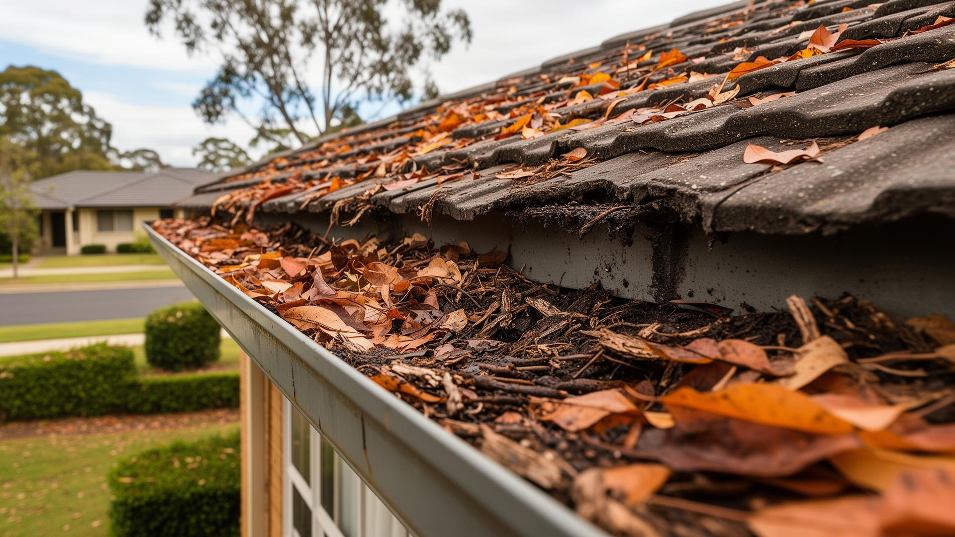 Clogged gutters full of autumn leaves on an Australian home needing professional cleaning