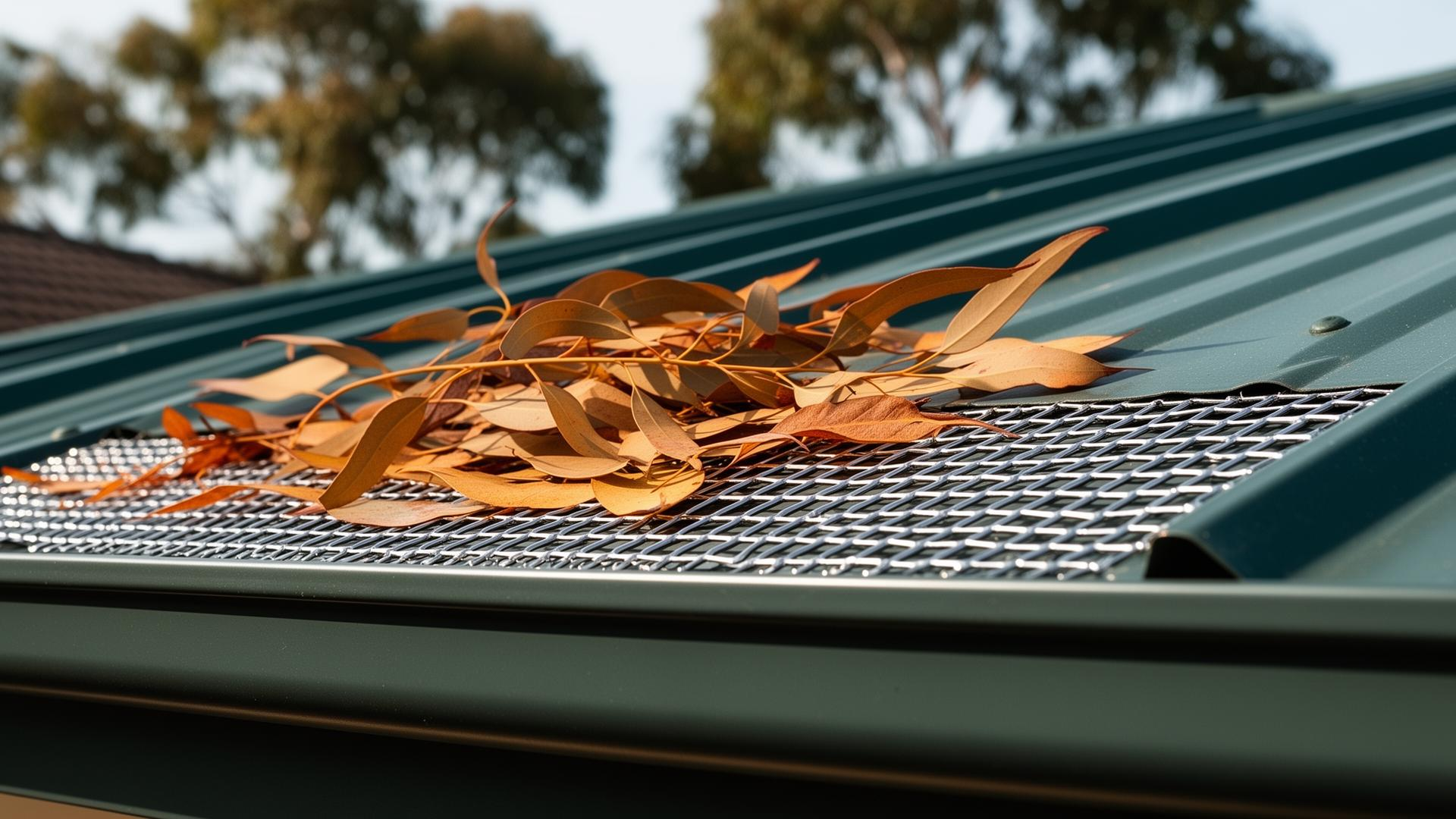 Stainless steel micro-mesh gutter guard installed on a Sydney home roof with autumn eucalyptus leaves