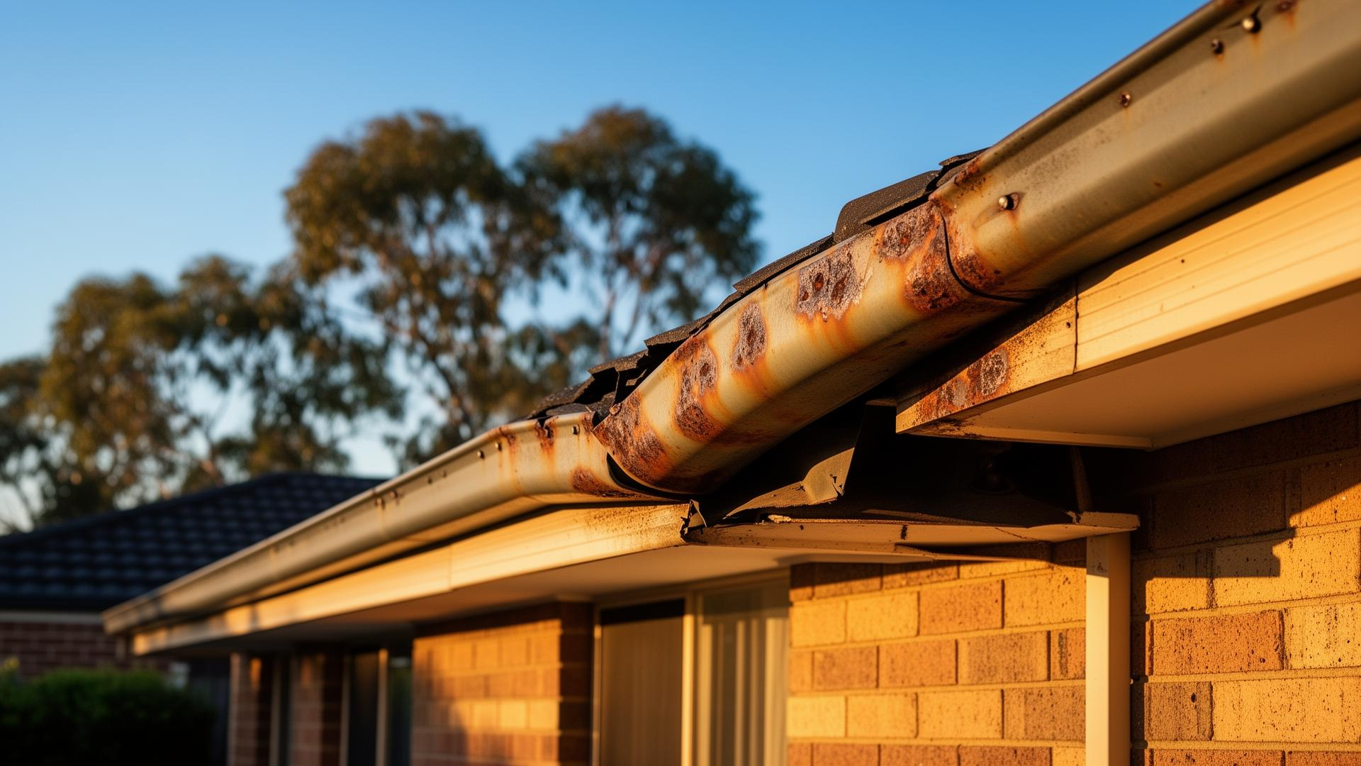 Close-up of a rusted and sagging Colorbond gutter on a Sydney brick home in golden afternoon light