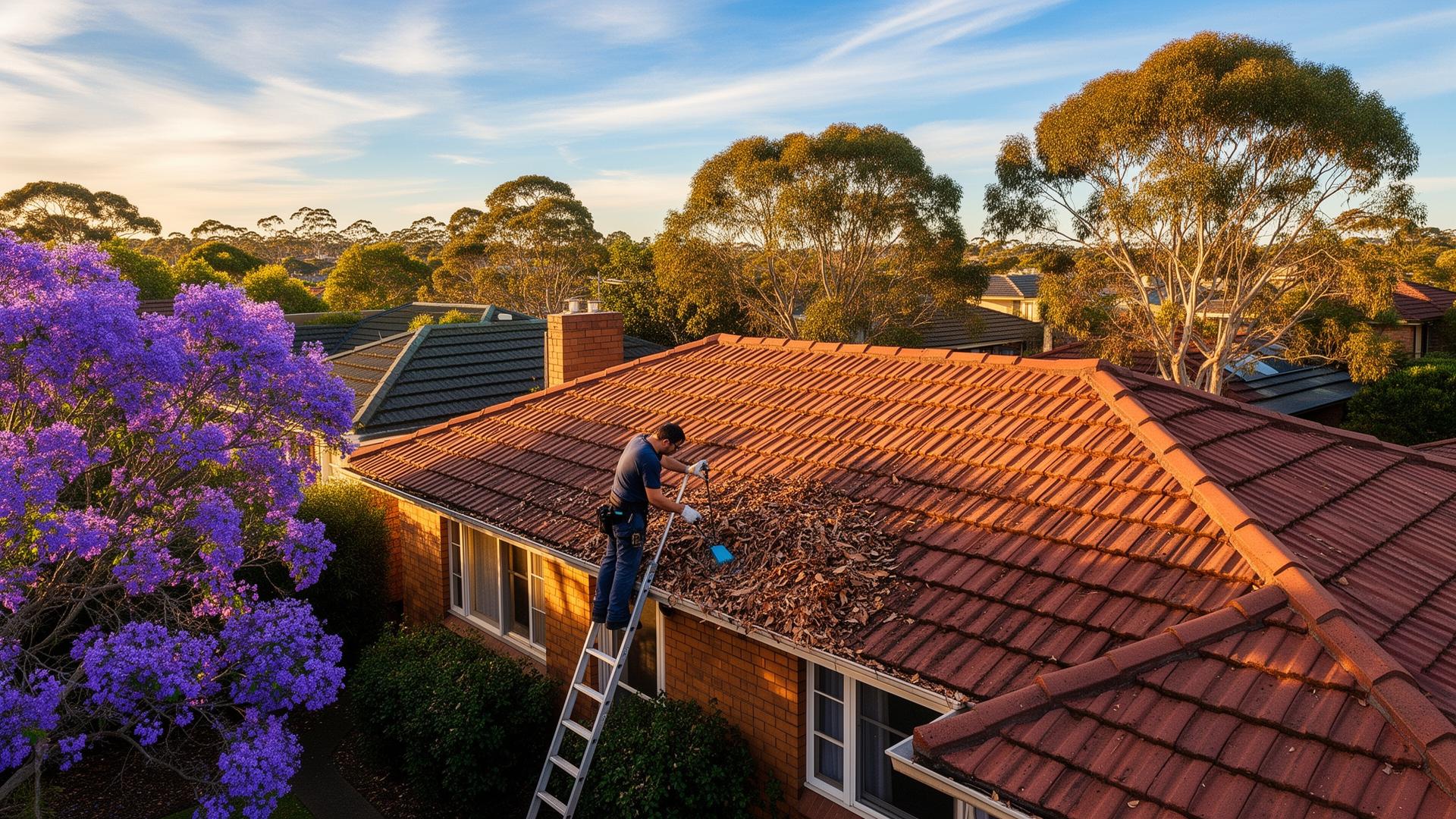 Sydney gutter cleaner on a ladder removing gum leaves and debris from a terracotta tile roof at golden hour with a jacaranda tree in bloom