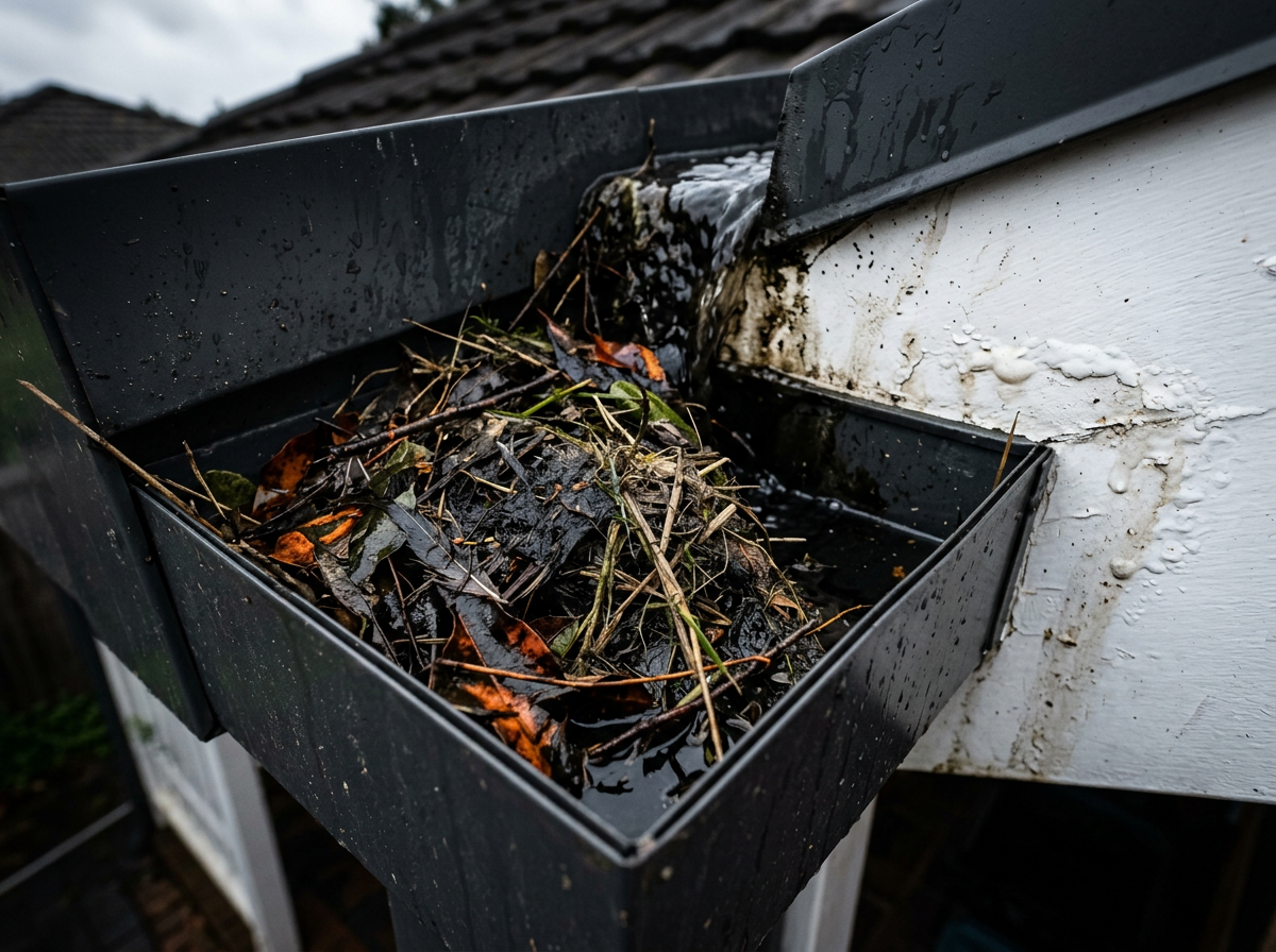 Nesting material and leaf sludge damming a downpipe outlet in a Sydney gutter, with overflow spilling over the back edge onto blistered fascia paint