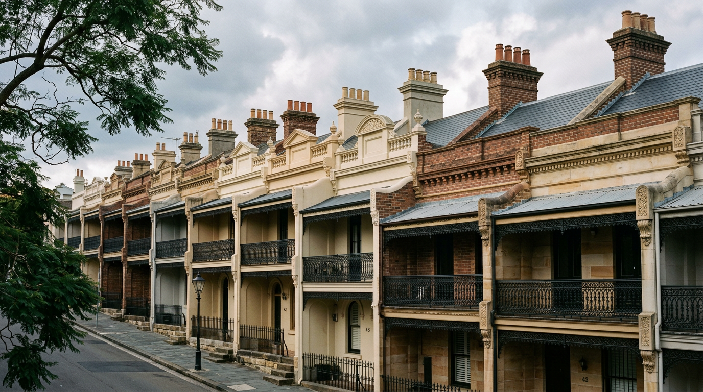 Row of Sydney inner-city Victorian terrace houses in Paddington showing the parapet rooflines where concealed internal box gutters sit hidden behind the front facade brickwork under a late autumn overcast sky