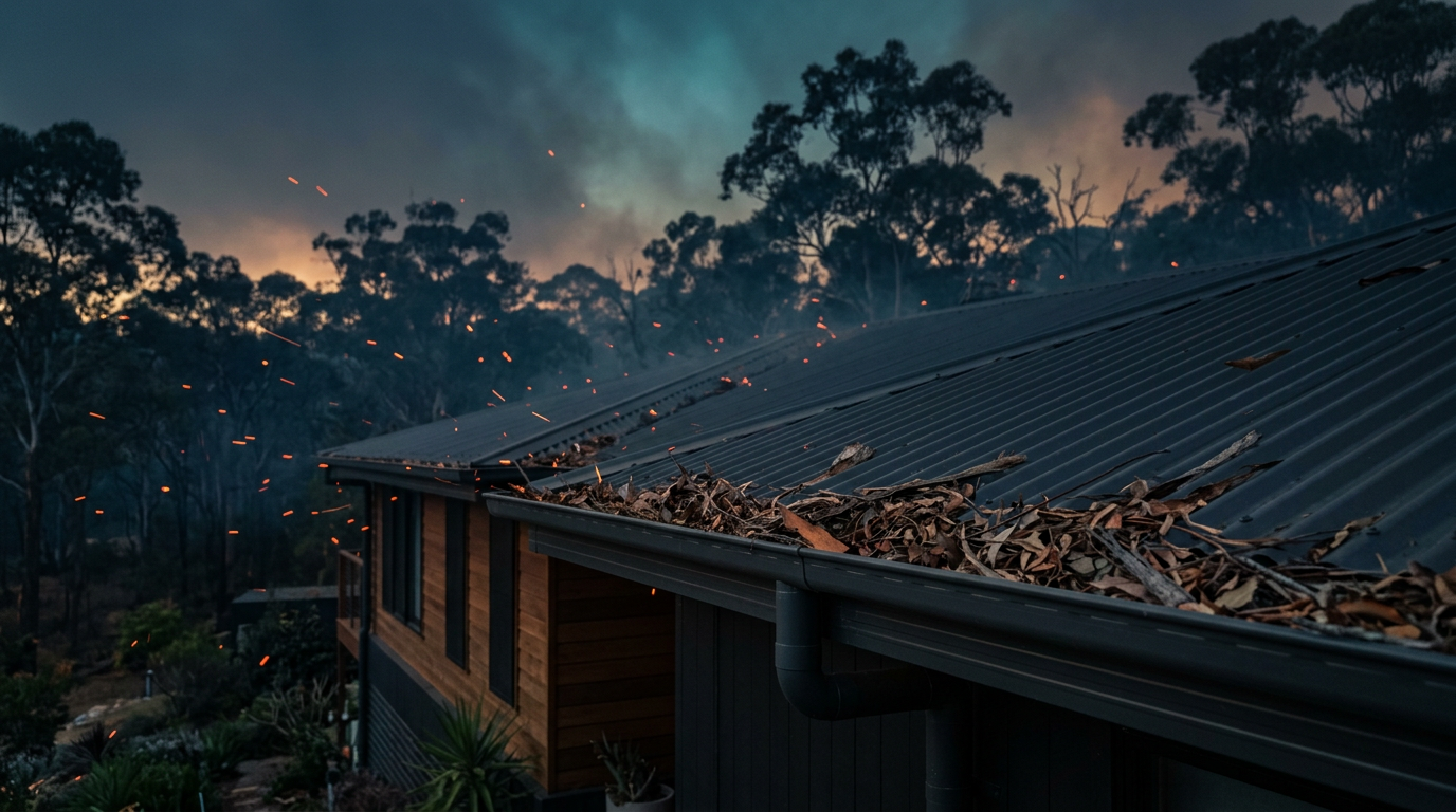 Glowing embers drifting across a bushland-fringe Sydney home with a dark Colorbond metal roof, landing on a gutter packed with dry eucalyptus leaves and bark at dusk, the exact ember attack pathway that ignites houses days before the flame front arrives