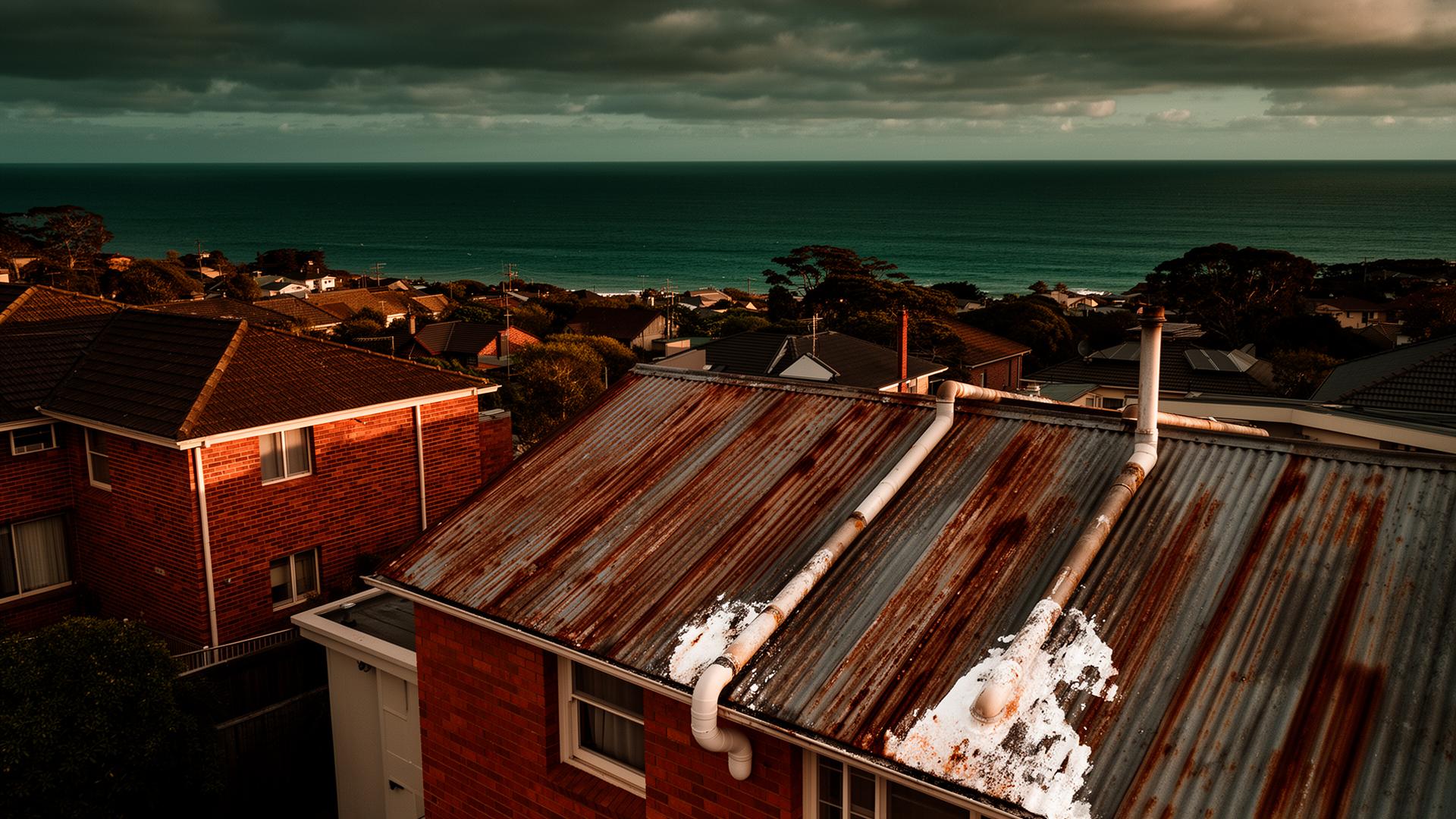 Aerial view of Sydney coastal homes with salt-corroded metal gutters and downpipes overlooking the Pacific Ocean at dusk