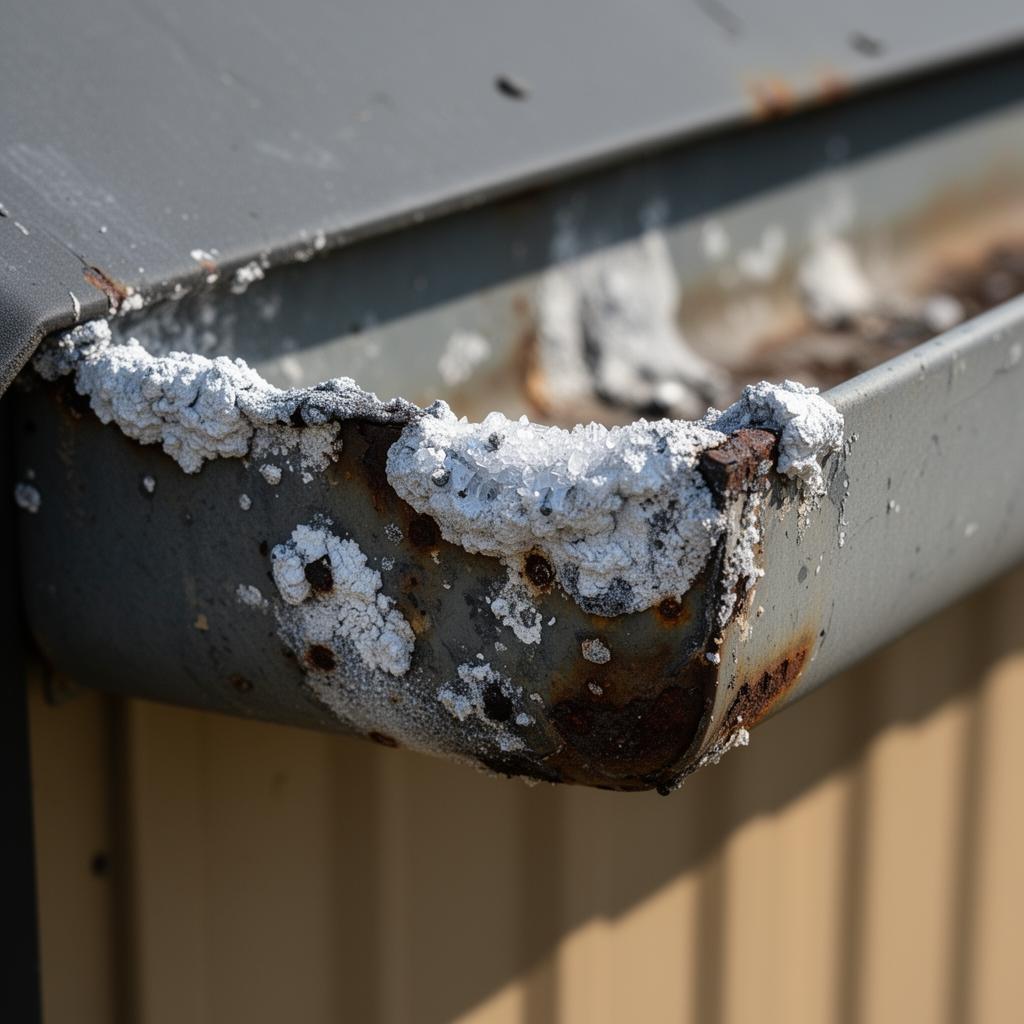 Close-up of a Sydney coastal gutter showing white salt deposits and rust pitting on weathered metal