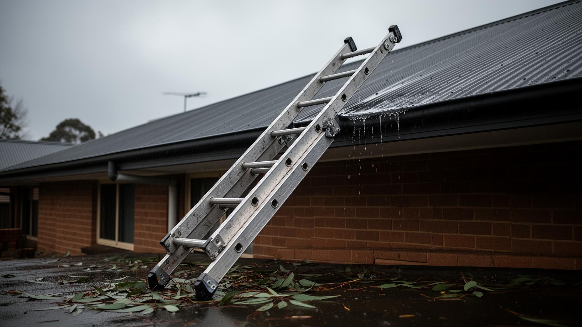 Aluminium extension ladder leaning against the charcoal Colorbond gutter of a single-storey Sydney brick home during overcast winter weather, with wet eucalyptus leaves scattered on the paving below
