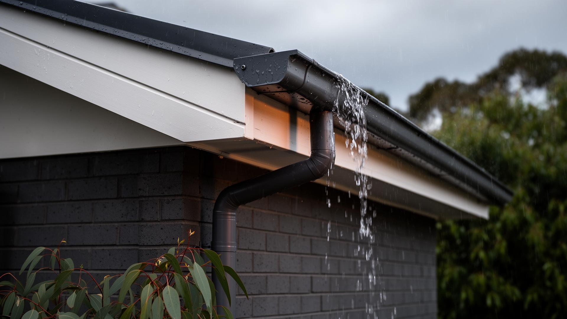 Charcoal Colorbond gutter and 100mm round downpipe on a modern Sydney brick home overflowing during a winter rainstorm, with water cascading past an undersized outlet and wet eucalyptus leaves on the ground