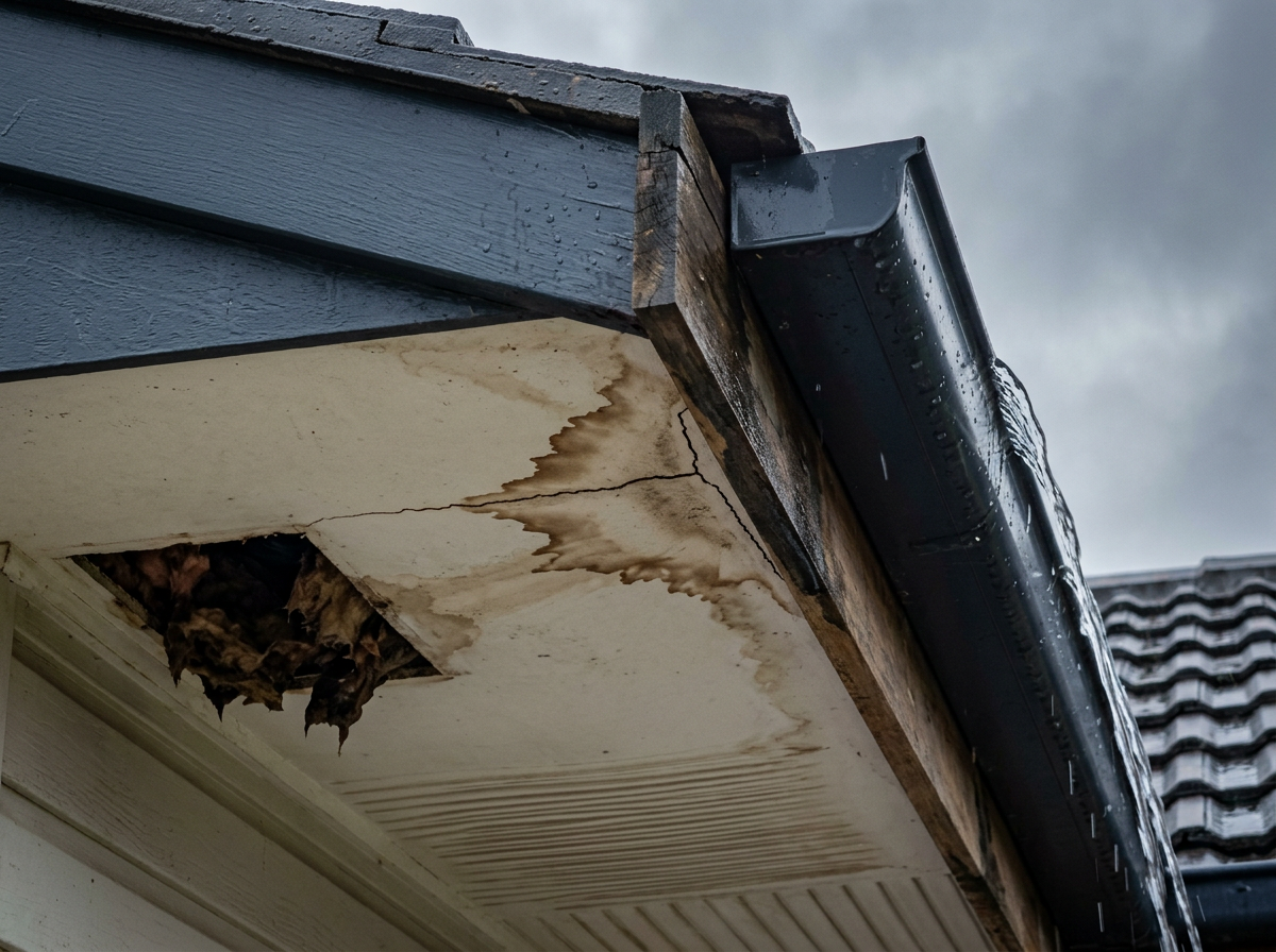 Underside of a Sydney home eaves showing a brown water tide mark and hairline crack on the cement-sheet soffit lining with damp insulation visible at a small opening next to a dark Colorbond gutter overflowing in light rain