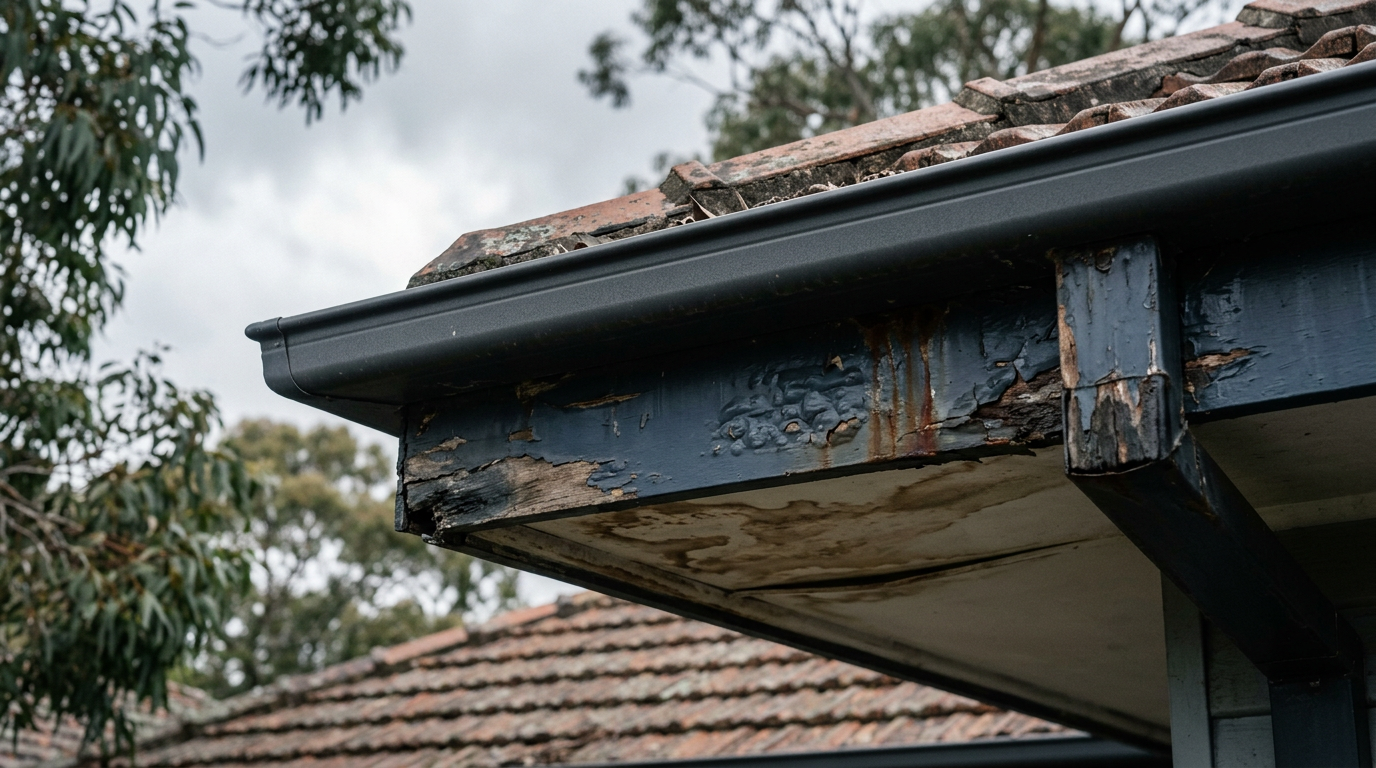 Close-up of a Sydney federation home roof edge in early winter showing weathered timber fascia board behind dark Colorbond Monument guttering with paint blistering, water staining and the beginning of soft rot at the joints