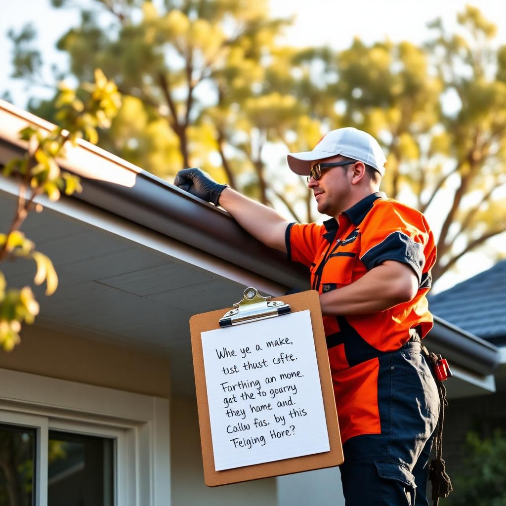 Professional Sydney gutter cleaner on a ladder beside a written quote on a clipboard, modern suburban home surrounded by eucalyptus trees in late afternoon light