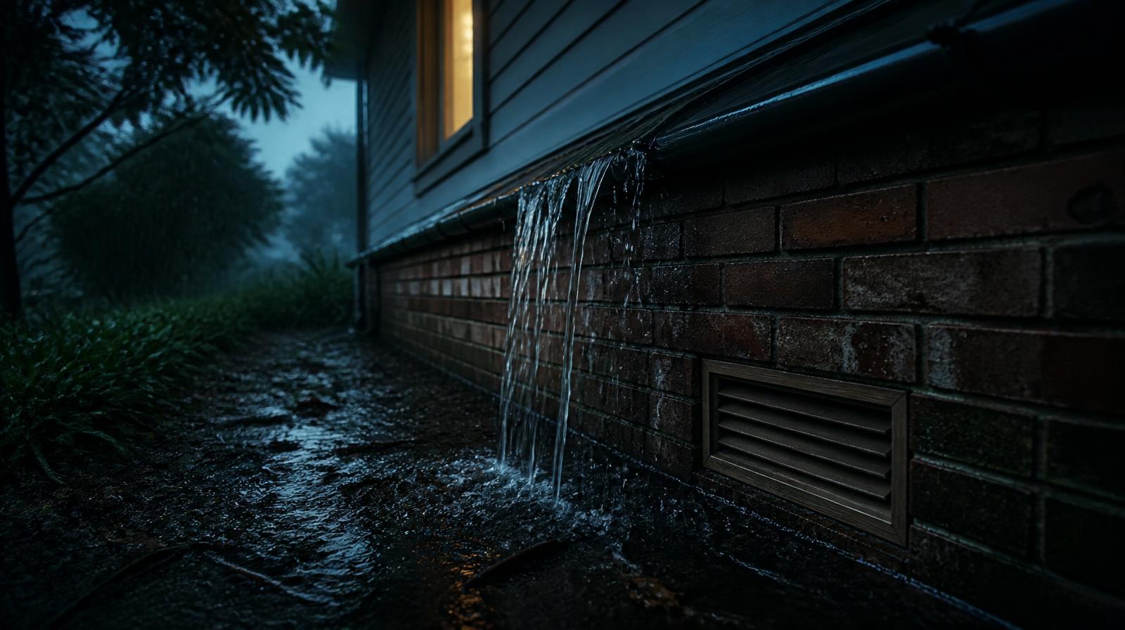 Water overflowing a Colorbond gutter and cascading down a red-brick wall onto saturated soil beside a timber sub-floor vent on a Sydney home during winter rain, the classic moisture pathway that draws subterranean termites toward the foundation