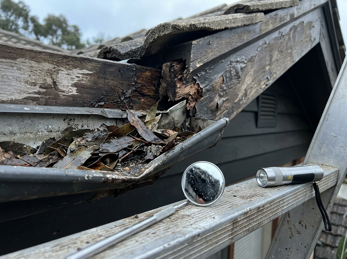 Sagging gutter pulling away from a rotted timber fascia board with decayed gum leaves packed in the trough, photographed during a Sydney pre-sale building inspection