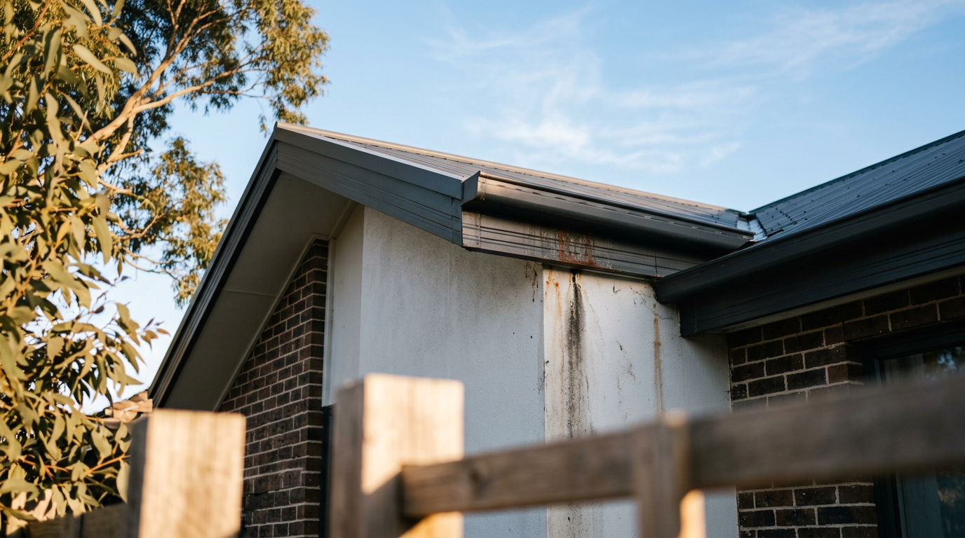 Rust staining and dark overflow water marks running down the render below a Colorbond gutter on a Sydney home before a pre-sale building inspection