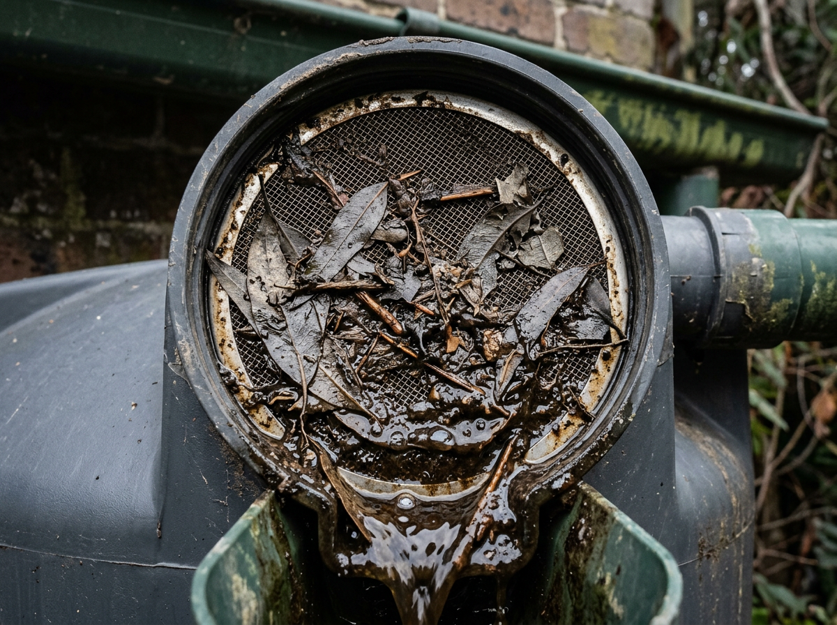 Close-up of a Sydney rainwater tank leaf screen caked with decomposed eucalyptus leaves, dark tannin-stained water and biofilm around the inlet