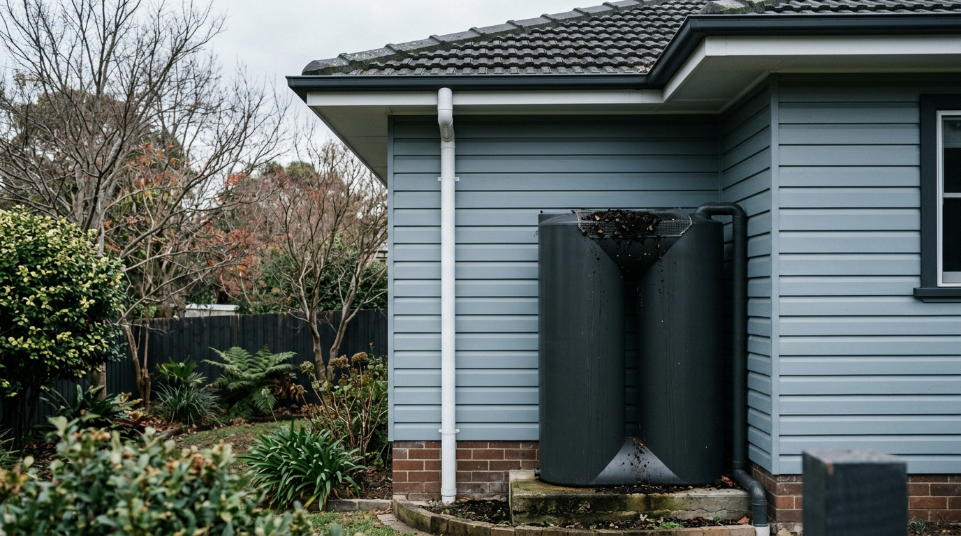Slimline charcoal Colorbond rainwater tank beside a blue weatherboard Sydney home in early winter, with a downpipe feeding the tank inlet and visible leaf debris and dark sediment around the leaf screen