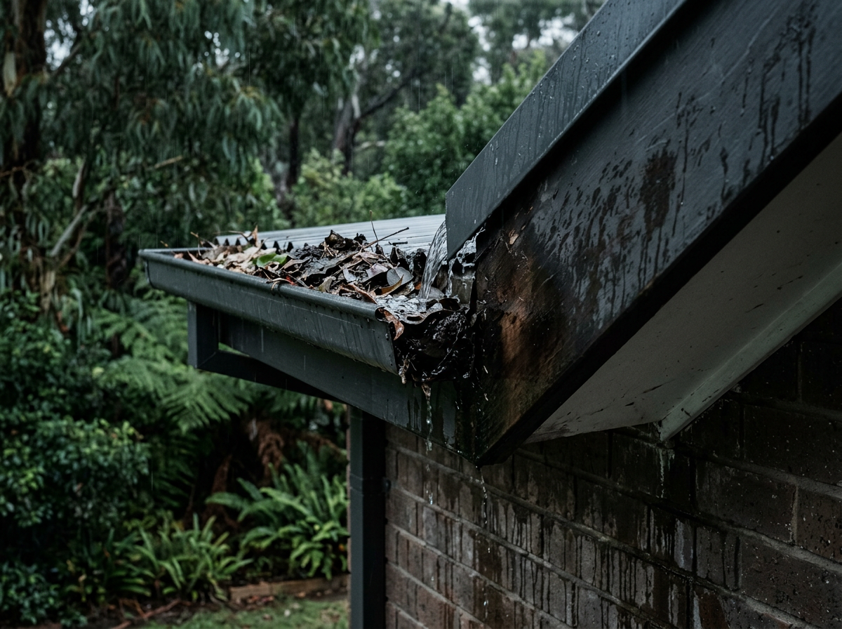 Overflowing dark gutter on a Sydney rental property spilling behind the fascia and staining the brickwork below