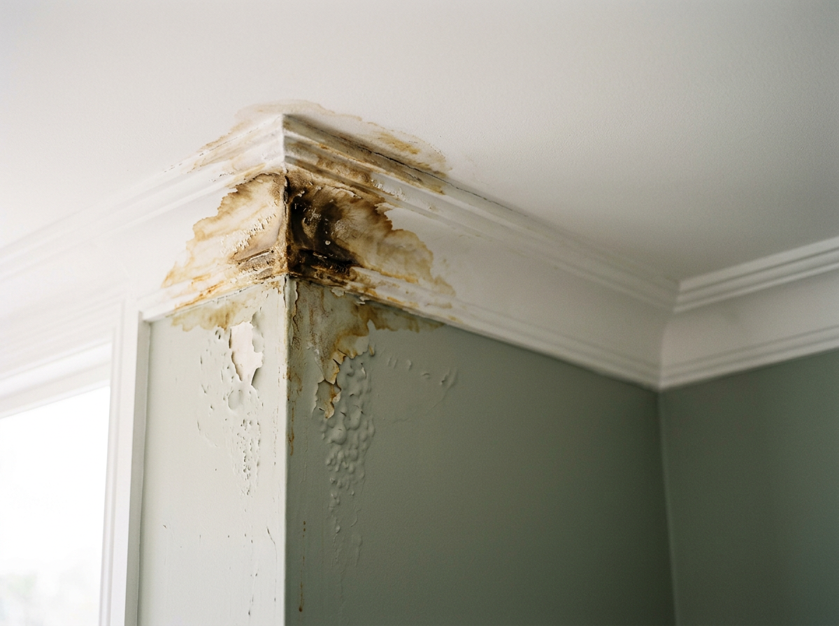 Brown tide-mark water stain and blistered paint spreading across a ceiling cornice inside a Sydney home caused by gutter overflow entering the roof cavity