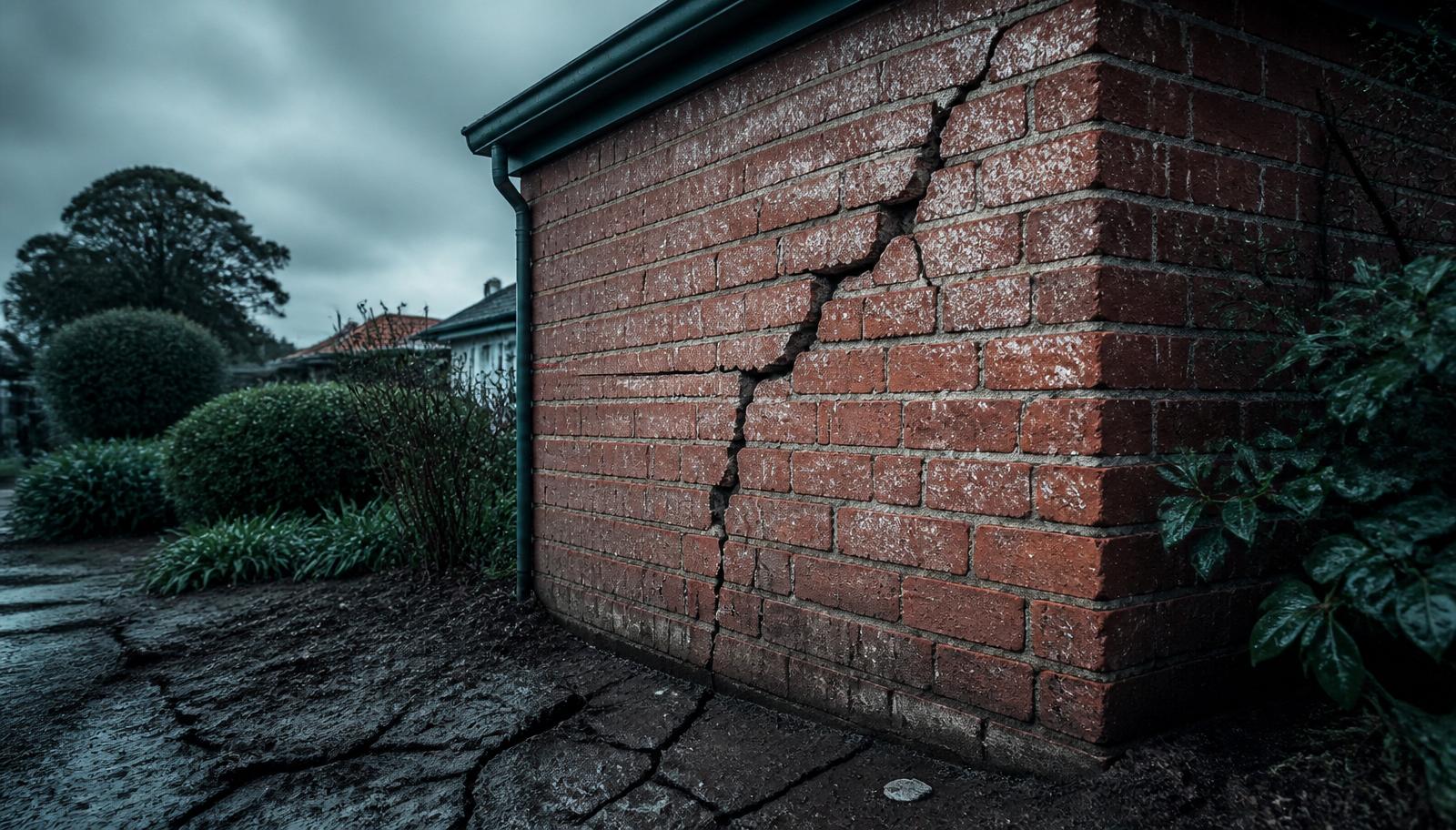 Diagonal crack running up a red brick wall next to a Colorbond gutter and downpipe on a Sydney home, cracked wet soil visible at the base after winter rain