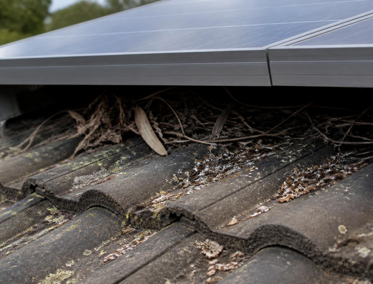 Dry twigs, bark and nesting material packed into the gap between a rooftop solar panel frame and the roof tiles on a Sydney home