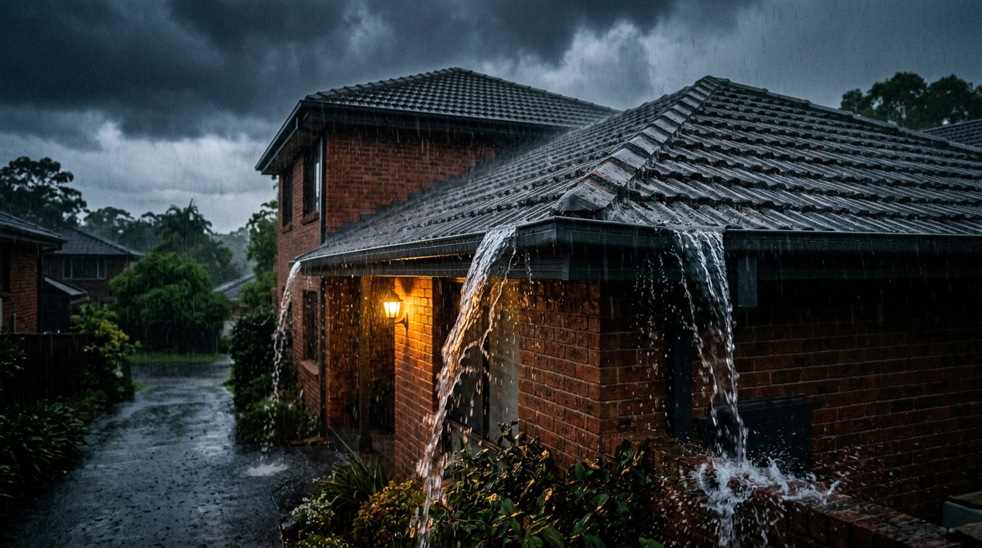 Heavy rain cascading over a blocked Colorbond gutter on a Sydney brick home at dusk during a winter storm
