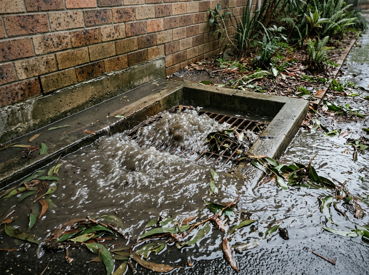 Stormwater grate surcharging brown water and gum leaves against a Sydney brick wall during heavy rain