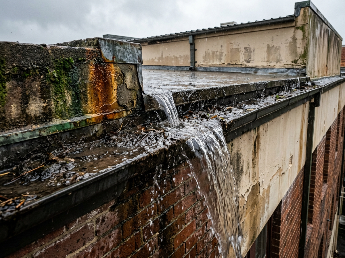 Overflowing box gutter on a Sydney apartment building during autumn rain