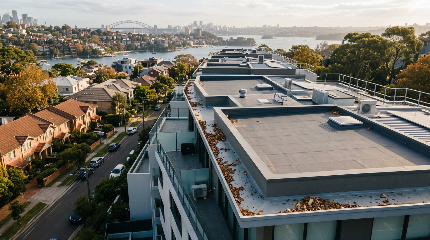 Aerial view of Sydney apartment building rooftops with leaf-filled box gutters in late autumn, Harbour Bridge in distance
