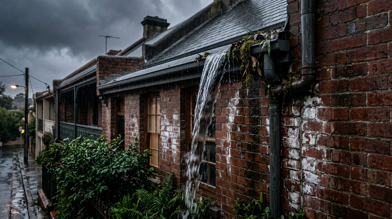 Overflowing Colorbond gutter on a Sydney inner-west terrace during a winter downpour, water cascading down a red-brick wall with visible efflorescence and moss-covered gum leaves spilling from the gutter lip