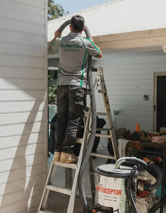GutterFlow technician cleaning leaf-blocked gutters on a Northern Beaches home — Sydney NSW