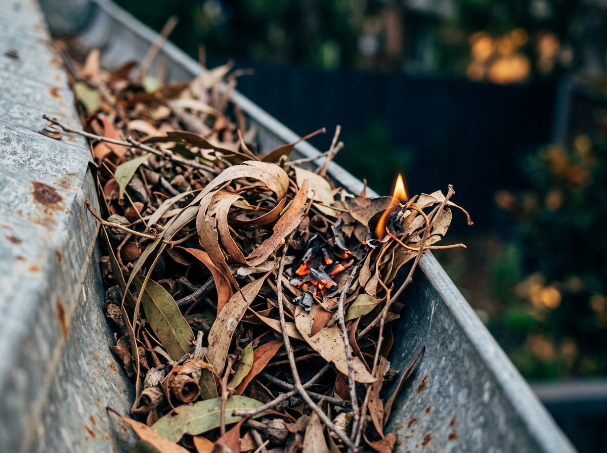 Macro close-up of an Australian metal gutter packed with dry eucalyptus leaves, curled bark ribbons and twigs, with a small flame just starting from a landed ember, showing why a blocked gutter is the primary ember attack pathway on Sydney homes