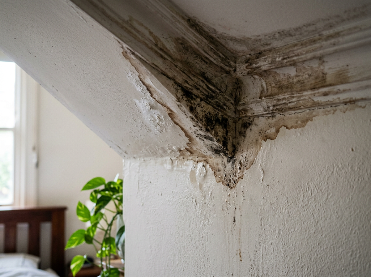 Brown tide-line water stain and mould bloom forming on the cornice and upper bedroom wall of a Sydney home damaged by winter gutter overflow